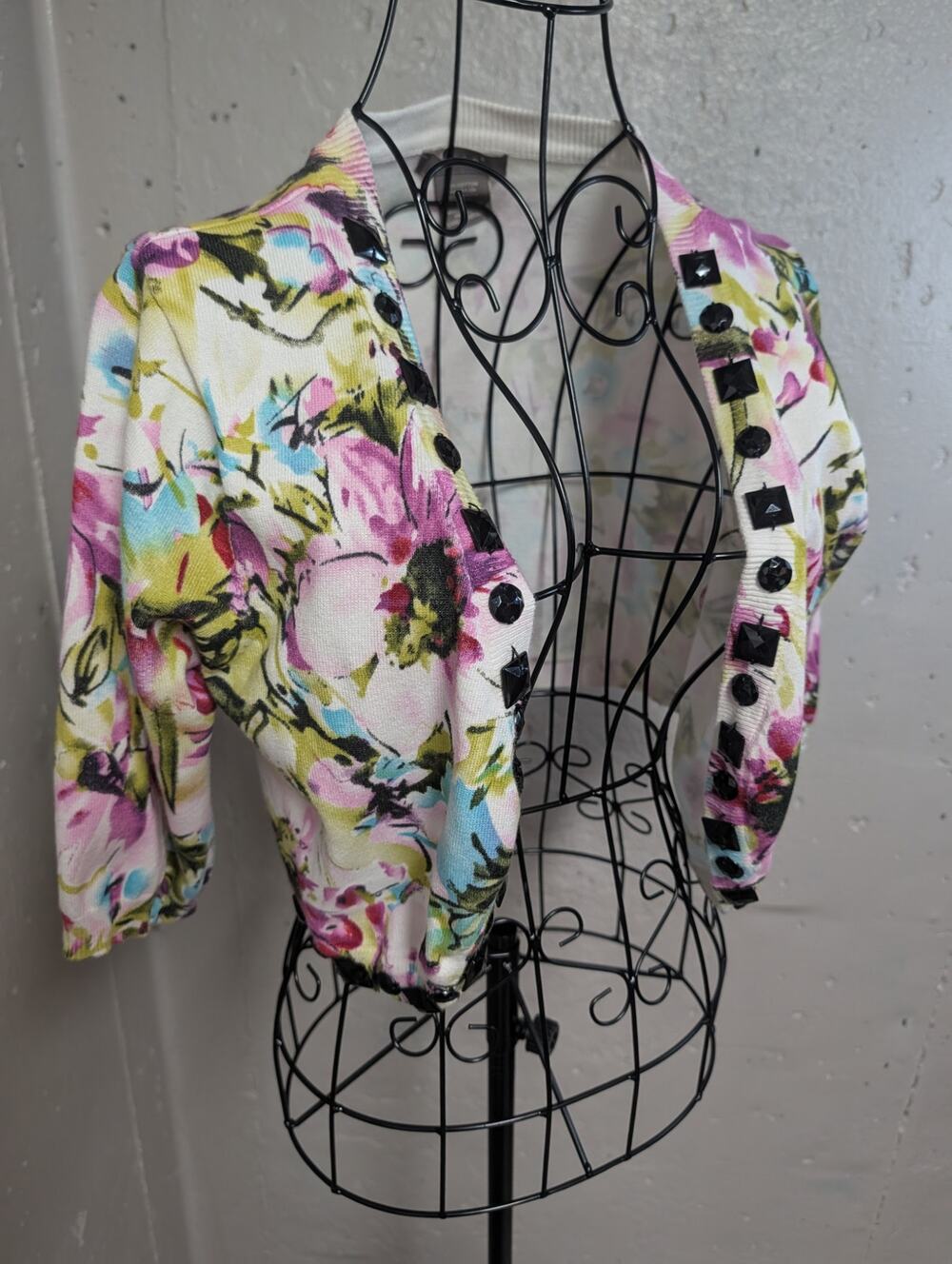 Kenar Y2K Watercolor Floral Cropped Cardigan Black Jewel Embellished